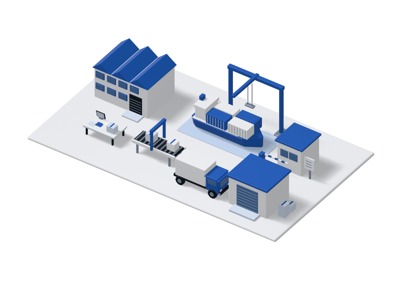 Custom three-dimensional illustration connecting a factory, sample review, inspection conveyor, container port, customs checkpoint and delivery warehouse