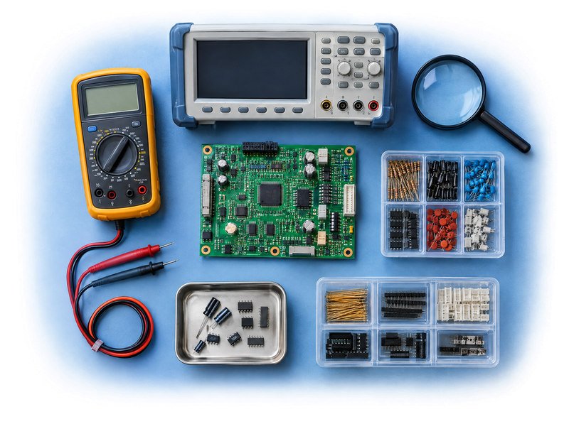 Circuit board, test instruments and organised electronic components viewed from above