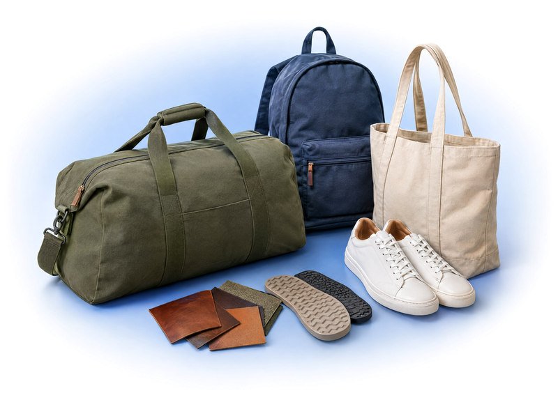 Travel assortment of a duffel, backpack, tote, sneakers, soles and leather samples