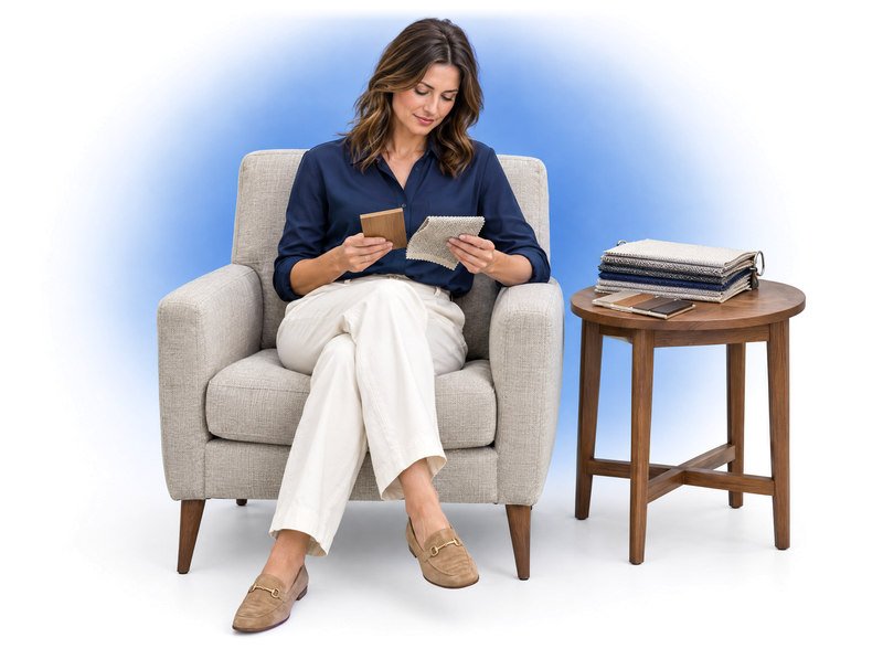 Interior designer seated in a full-size armchair comparing upholstery and wood finishes