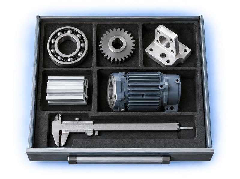 Machinist sample drawer containing a bearing, gear, bracket, motor housing, extrusion and caliper