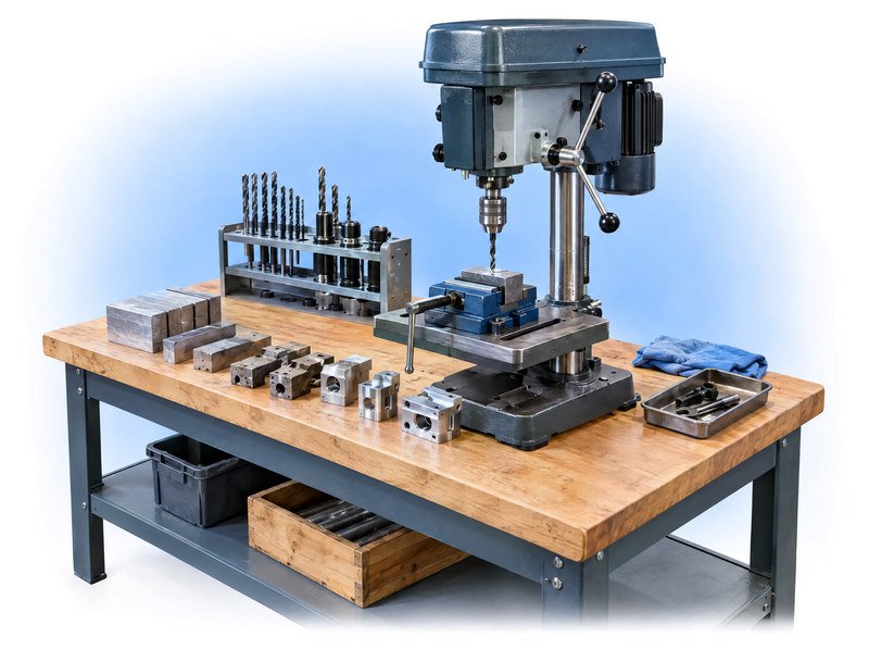 Drill-press workcell with tooling, a vise and a sequence of metal workpieces